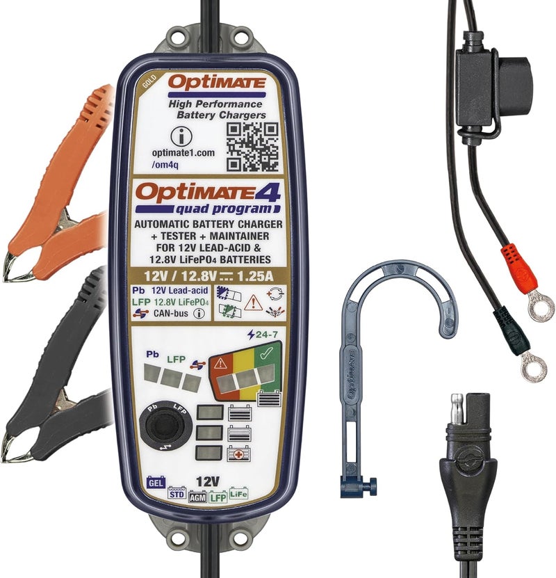 Tecmate Optimate 4 Quad Program, TM631, Gold Series: 9-Step 12V / 12.8V 1.25A Sealed Battery Saving Charger & maintainer - Image 1
